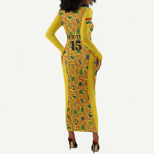 Custom Ghana Football Long Sleeve Bodycon Dress Yellow Adinkra Pattern - African Pride