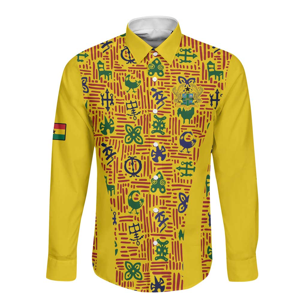 Custom Ghana Football Long Sleeve Button Shirt Yellow Adinkra Pattern - African Pride