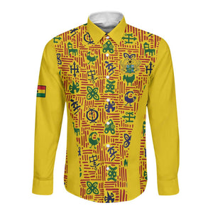 Custom Ghana Football Long Sleeve Button Shirt Yellow Adinkra Pattern - African Pride