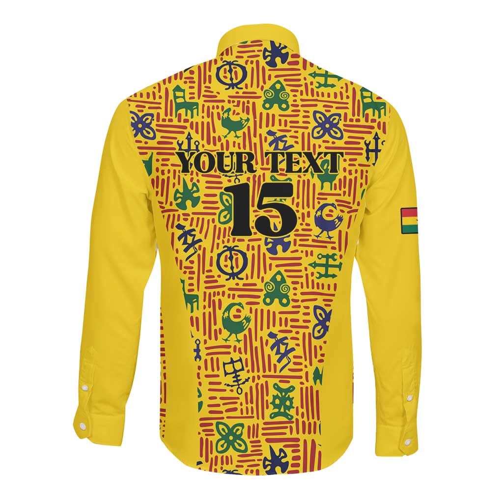 Custom Ghana Football Long Sleeve Button Shirt Yellow Adinkra Pattern - African Pride
