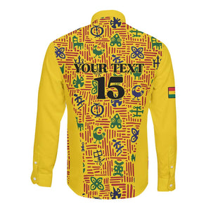 Custom Ghana Football Long Sleeve Button Shirt Yellow Adinkra Pattern - African Pride