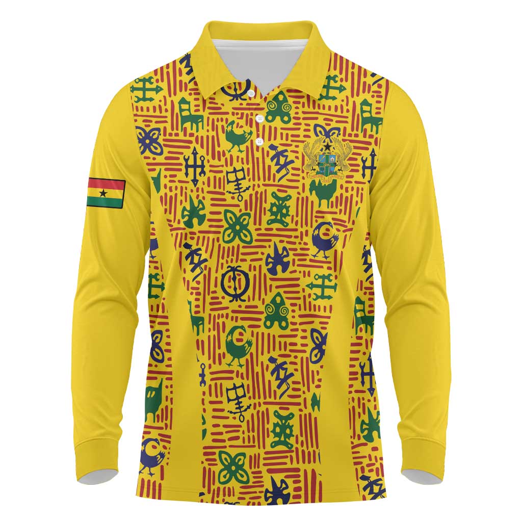 Custom Ghana Football Long Sleeve Polo Shirt Yellow Adinkra Pattern - African Pride