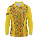 Custom Ghana Football Long Sleeve Polo Shirt Yellow Adinkra Pattern - African Pride
