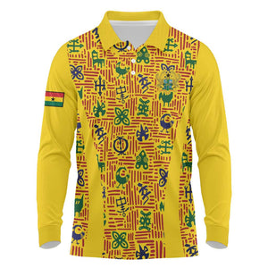 Custom Ghana Football Long Sleeve Polo Shirt Yellow Adinkra Pattern - African Pride