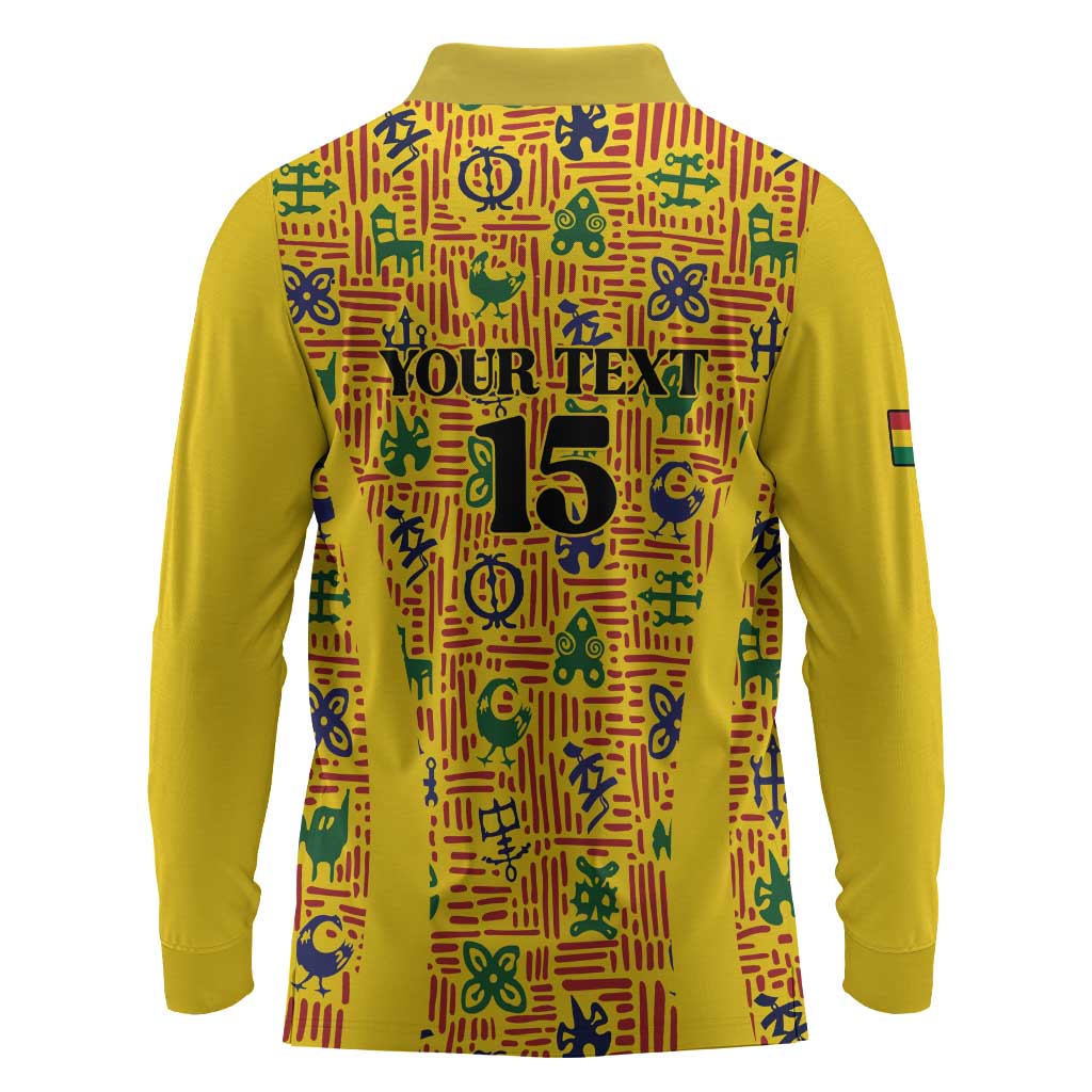Custom Ghana Football Long Sleeve Polo Shirt Yellow Adinkra Pattern - African Pride