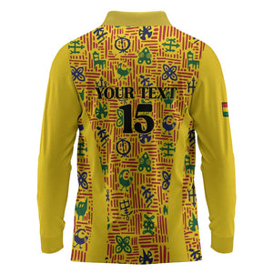 Custom Ghana Football Long Sleeve Polo Shirt Yellow Adinkra Pattern - African Pride