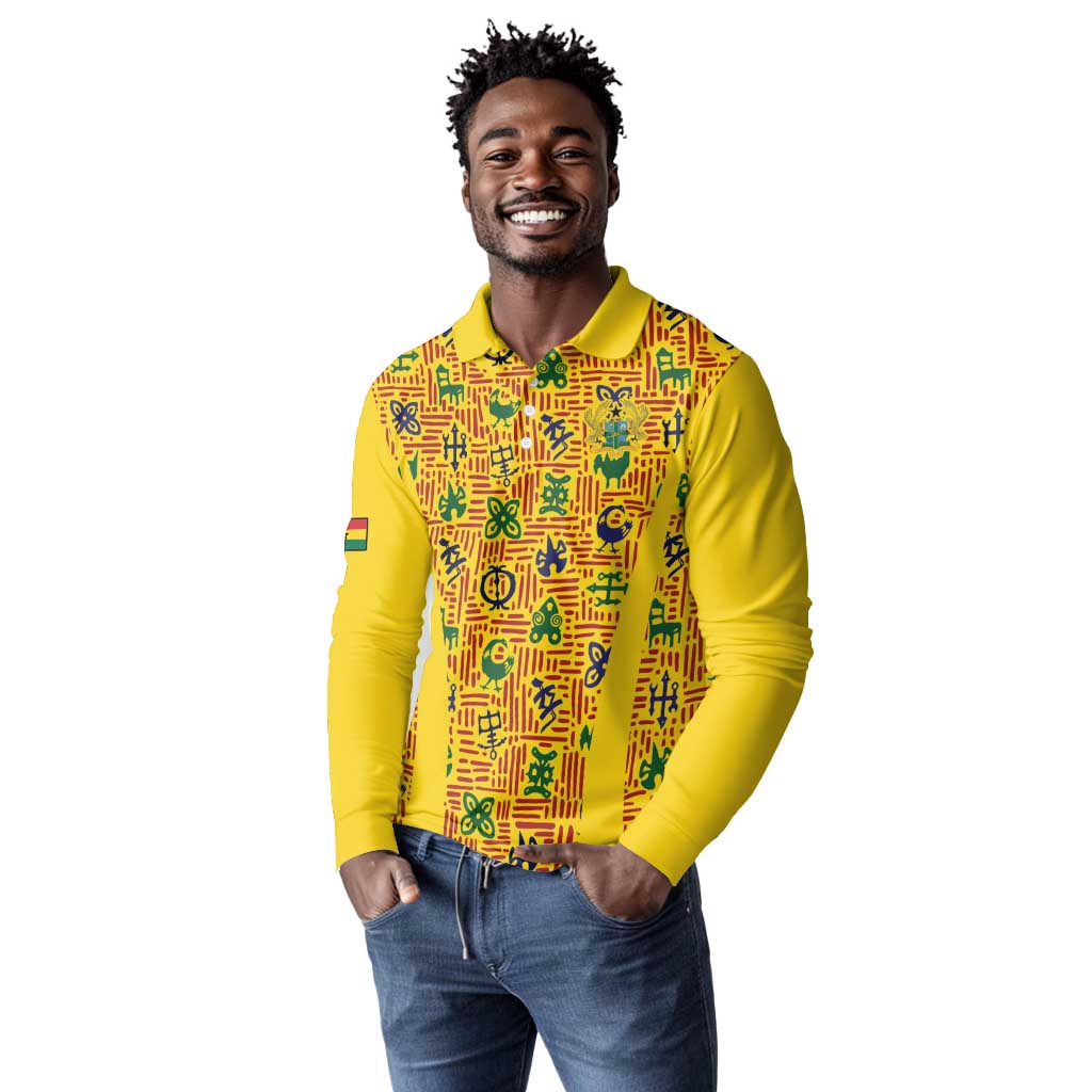 Custom Ghana Football Long Sleeve Polo Shirt Yellow Adinkra Pattern - African Pride