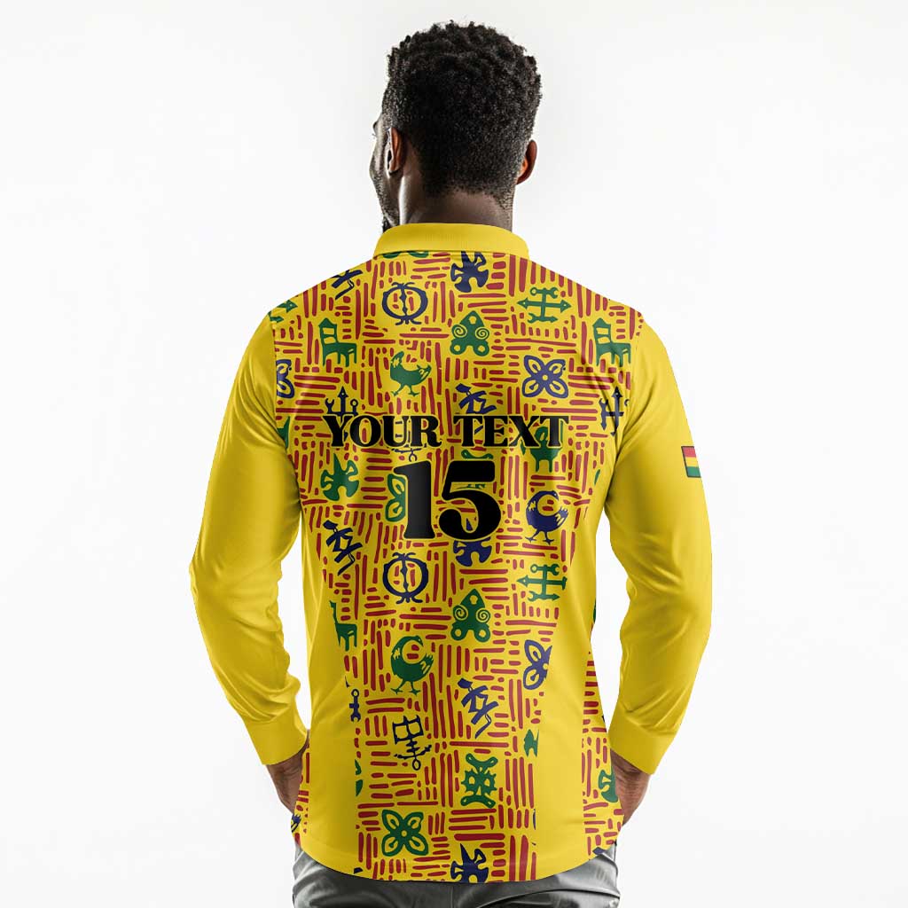 Custom Ghana Football Long Sleeve Polo Shirt Yellow Adinkra Pattern - African Pride