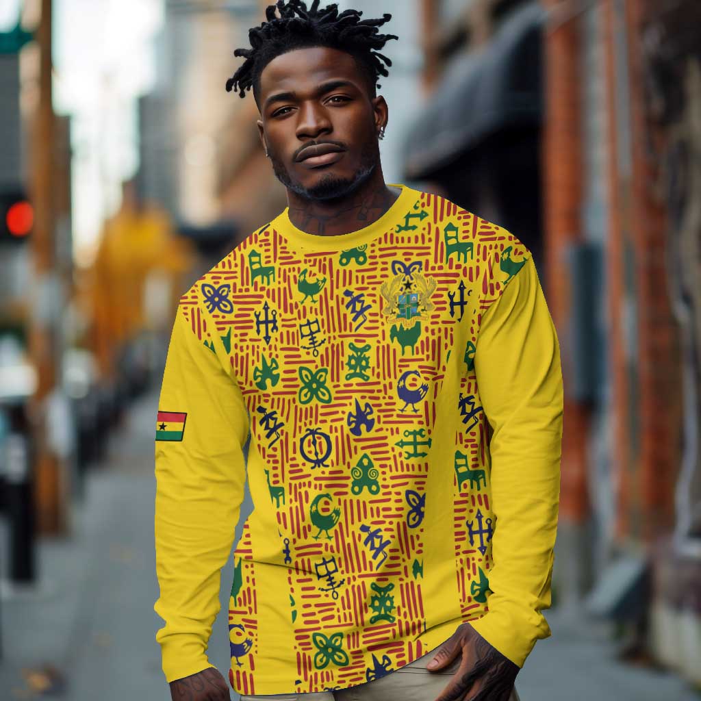 Custom Ghana Football Long Sleeve Shirt Yellow Adinkra Pattern - African Pride