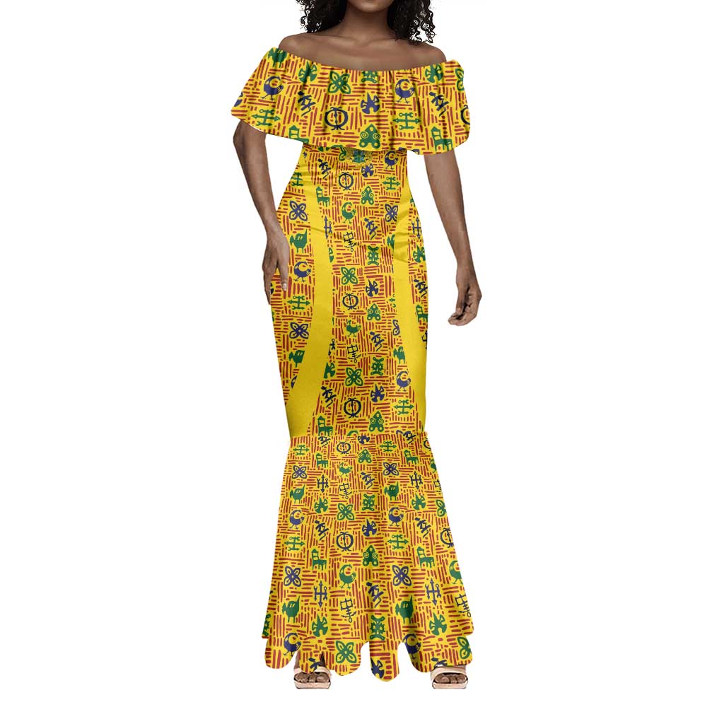 Custom Ghana Football Mermaid Dress Yellow Adinkra Pattern - African Pride