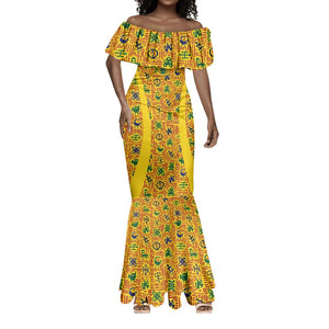 Custom Ghana Football Mermaid Dress Yellow Adinkra Pattern - African Pride