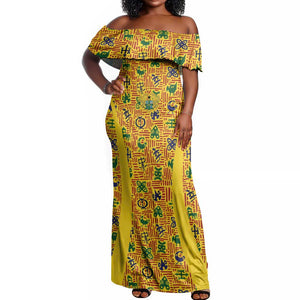 Custom Ghana Football Off Shoulder Maxi Dress Yellow Adinkra Pattern - African Pride