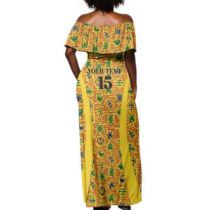 Custom Ghana Football Off Shoulder Maxi Dress Yellow Adinkra Pattern - African Pride