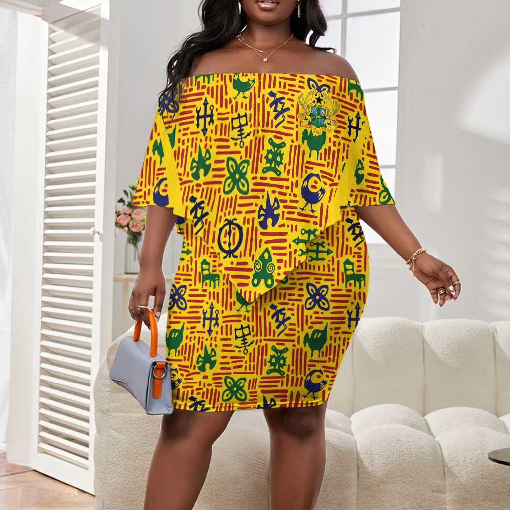 Custom Ghana Football Off Shoulder Short Dress Yellow Adinkra Pattern - African Pride