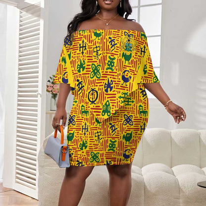Custom Ghana Football Off Shoulder Short Dress Yellow Adinkra Pattern - African Pride