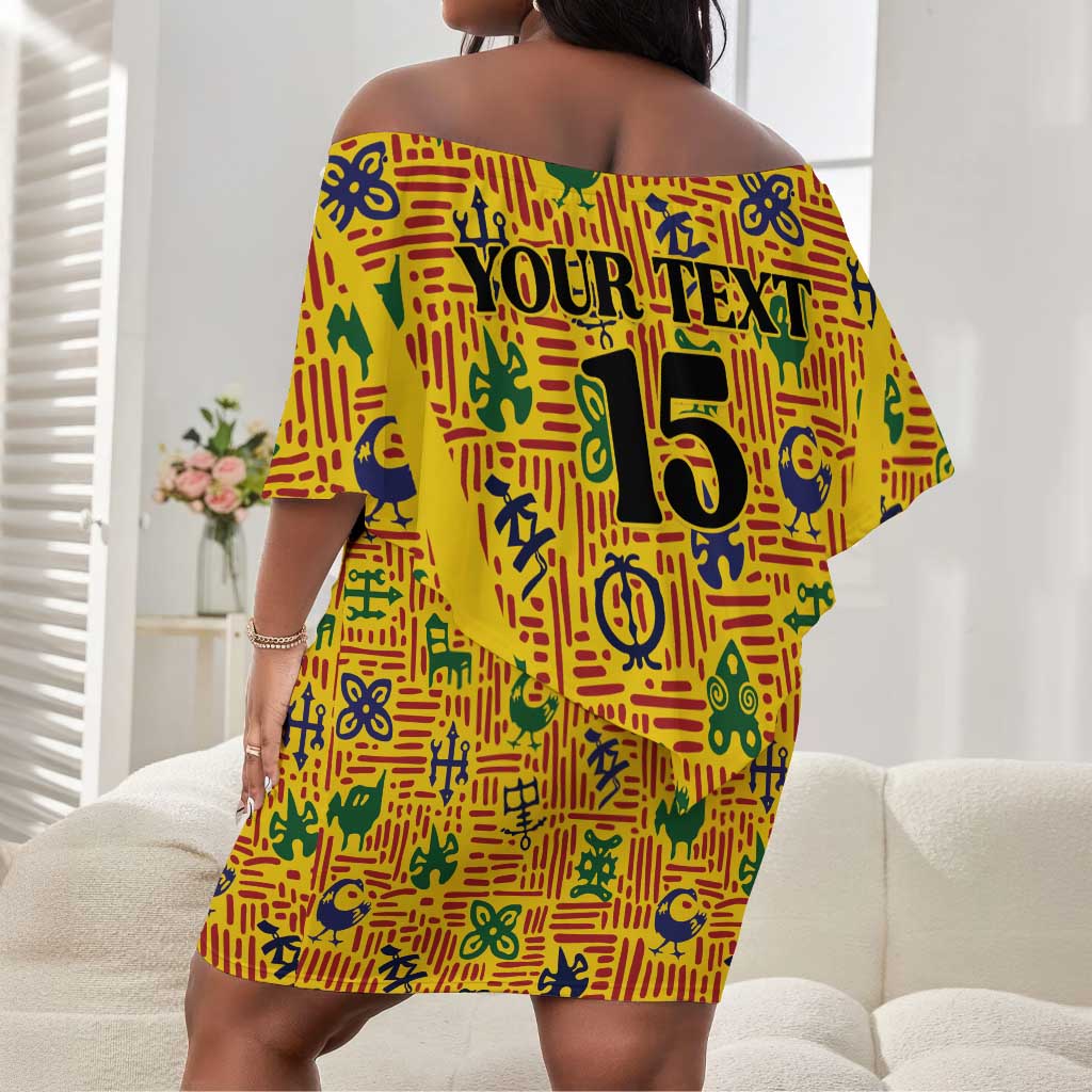 Custom Ghana Football Off Shoulder Short Dress Yellow Adinkra Pattern - African Pride