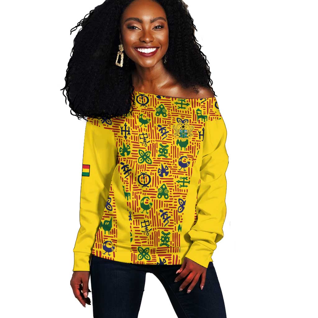 Custom Ghana Football Off Shoulder Sweater Yellow Adinkra Pattern - African Pride