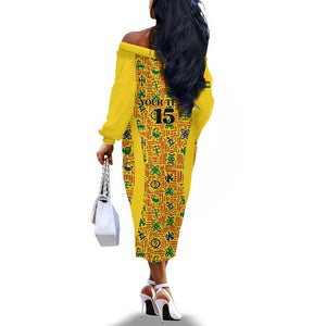 Custom Ghana Football Off The Shoulder Long Sleeve Dress Yellow Adinkra Pattern - African Pride