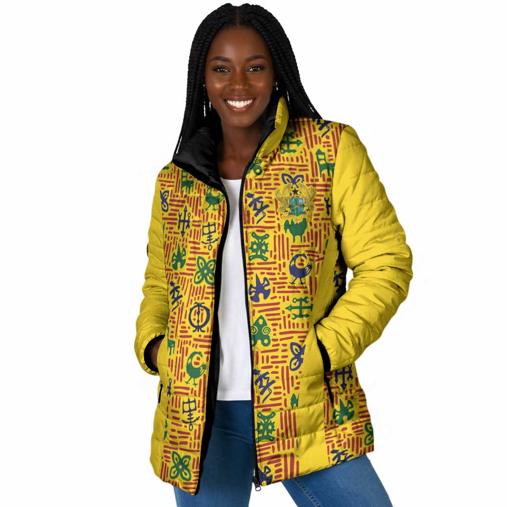 Custom Ghana Football Padded Jacket Yellow Adinkra Pattern - African Pride