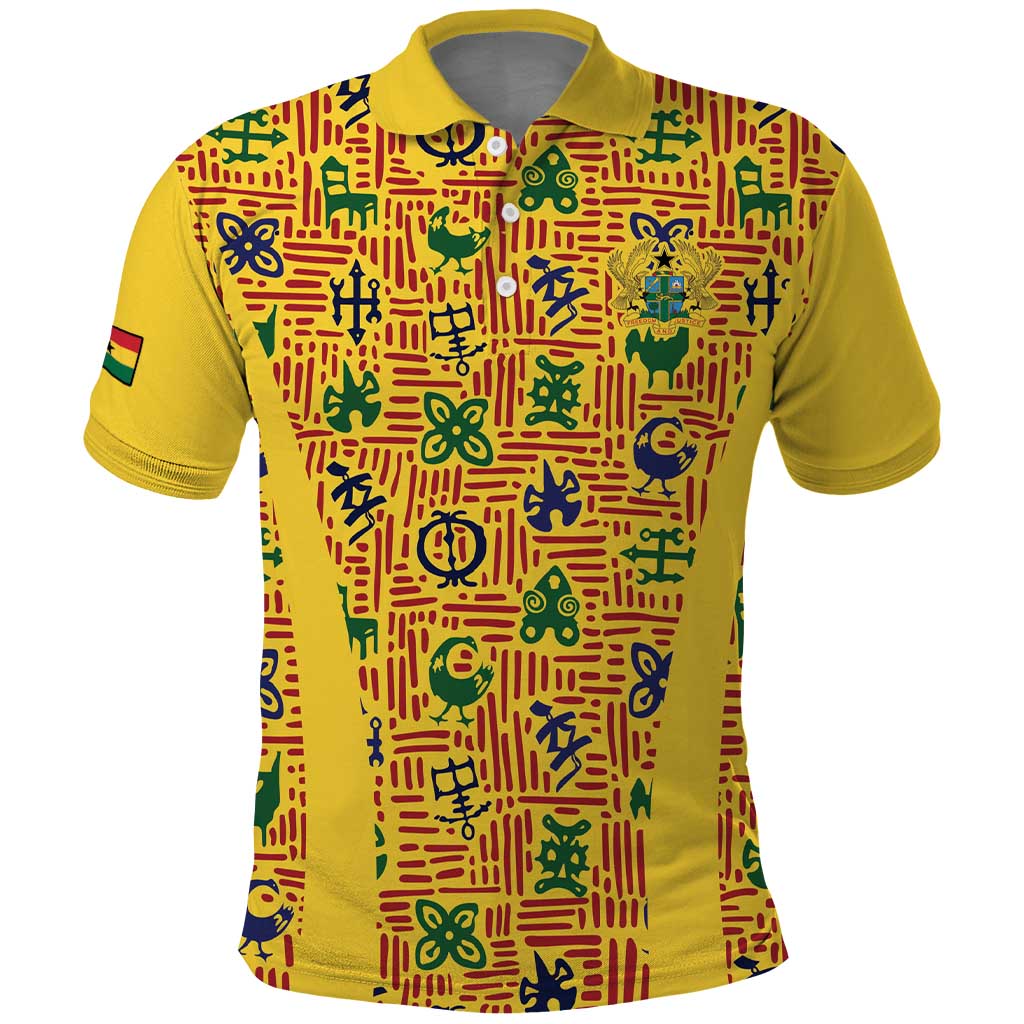 Custom Ghana Football Polo Shirt Yellow Adinkra Pattern - African Pride
