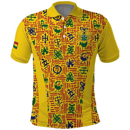 Custom Ghana Football Polo Shirt Yellow Adinkra Pattern - African Pride