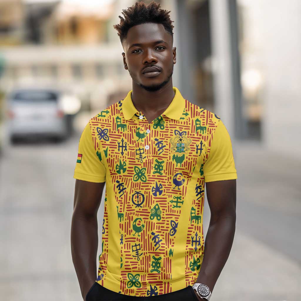 Custom Ghana Football Polo Shirt Yellow Adinkra Pattern - African Pride