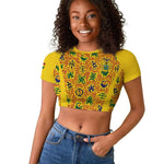 Custom Ghana Football Raglan Cropped T shirt Yellow Adinkra Pattern - African Pride