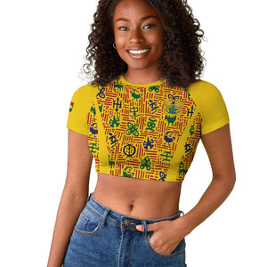 Custom Ghana Football Raglan Cropped T shirt Yellow Adinkra Pattern - African Pride