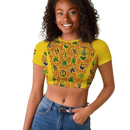 Custom Ghana Football Raglan Cropped T shirt Yellow Adinkra Pattern - African Pride