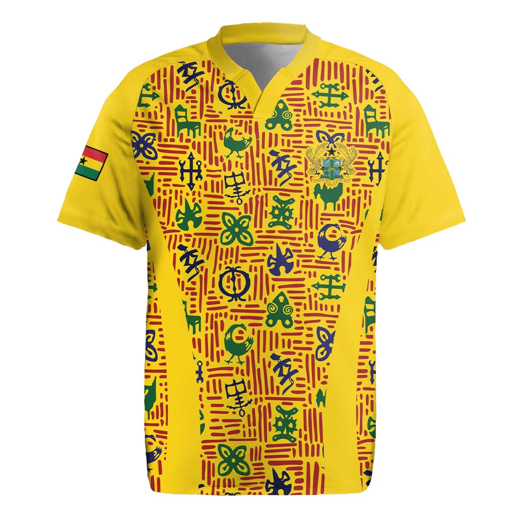 Custom Ghana Football Rugby Jersey Yellow Adinkra Pattern - African Pride