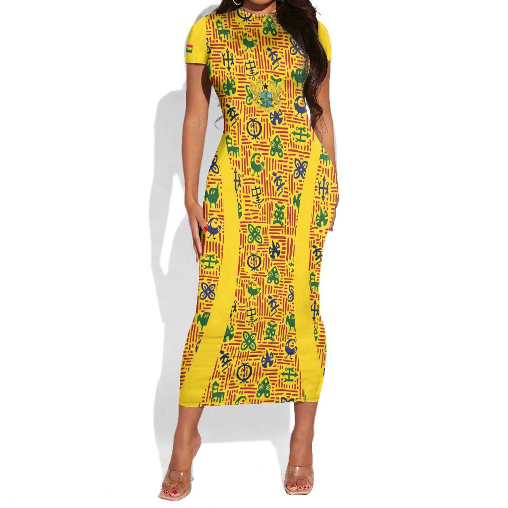 Custom Ghana Football Short Sleeve Bodycon Dress Yellow Adinkra Pattern - African Pride