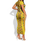 Custom Ghana Football Short Sleeve Bodycon Dress Yellow Adinkra Pattern - African Pride