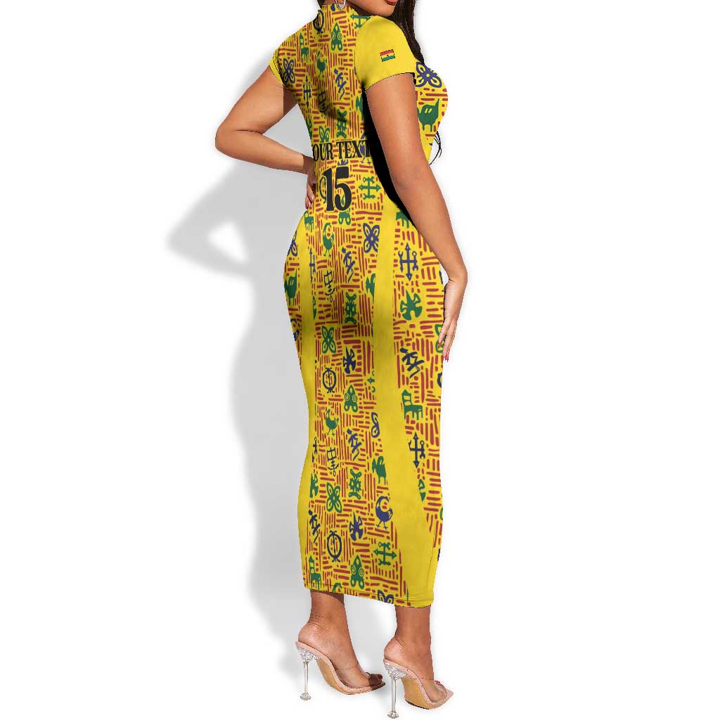 Custom Ghana Football Short Sleeve Bodycon Dress Yellow Adinkra Pattern - African Pride