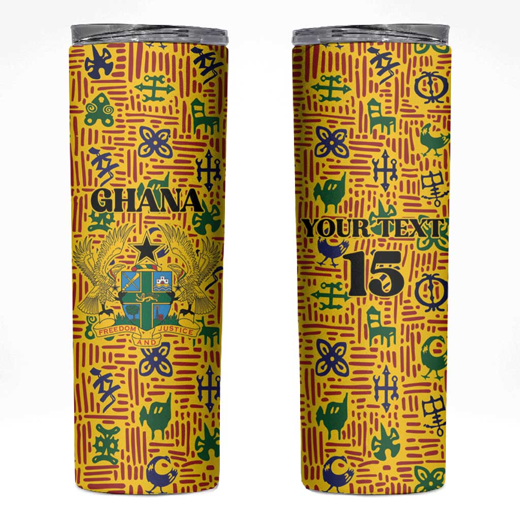 Custom Ghana Football Skinny Tumbler Yellow Adinkra Pattern - African Pride