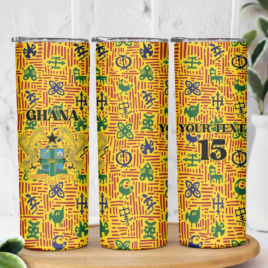 Custom Ghana Football Skinny Tumbler Yellow Adinkra Pattern - African Pride