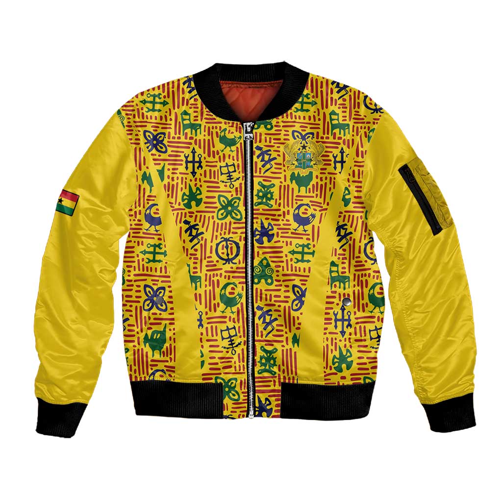 Custom Ghana Football Sleeve Zip Bomber Jacket Yellow Adinkra Pattern - African Pride