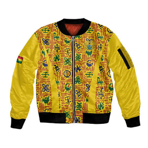 Custom Ghana Football Sleeve Zip Bomber Jacket Yellow Adinkra Pattern - African Pride