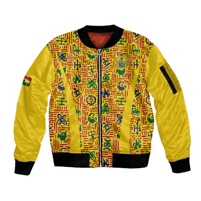 Custom Ghana Football Sleeve Zip Bomber Jacket Yellow Adinkra Pattern - African Pride