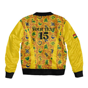 Custom Ghana Football Sleeve Zip Bomber Jacket Yellow Adinkra Pattern - African Pride
