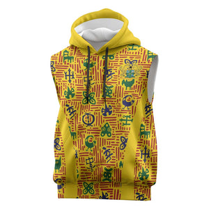 Custom Ghana Football Sleeveless Hoodie Yellow Adinkra Pattern - African Pride