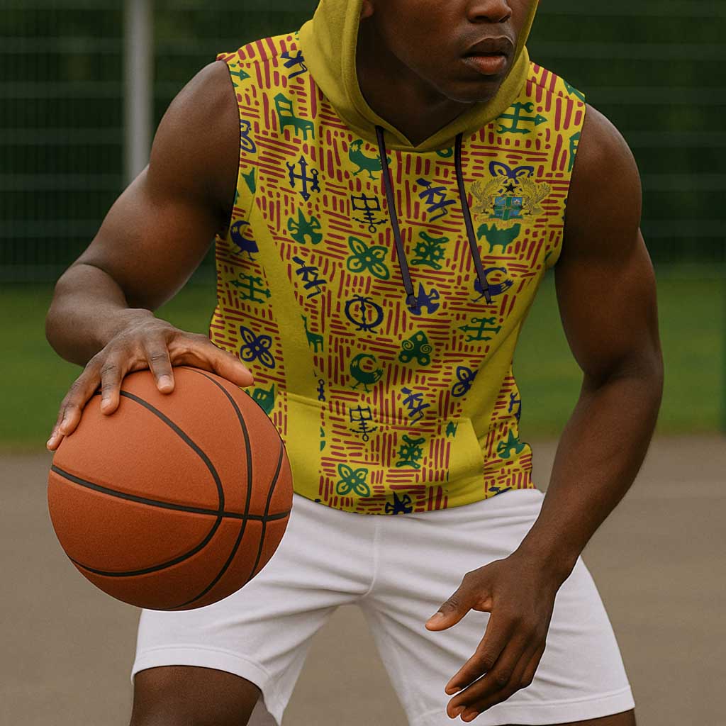 Custom Ghana Football Sleeveless Hoodie Yellow Adinkra Pattern - African Pride