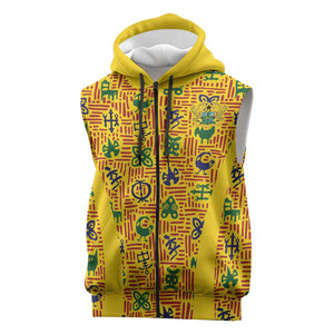 Custom Ghana Football Sleeveless Zip Hoodie Yellow Adinkra Pattern - African Pride