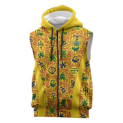 Custom Ghana Football Sleeveless Zip Hoodie Yellow Adinkra Pattern - African Pride