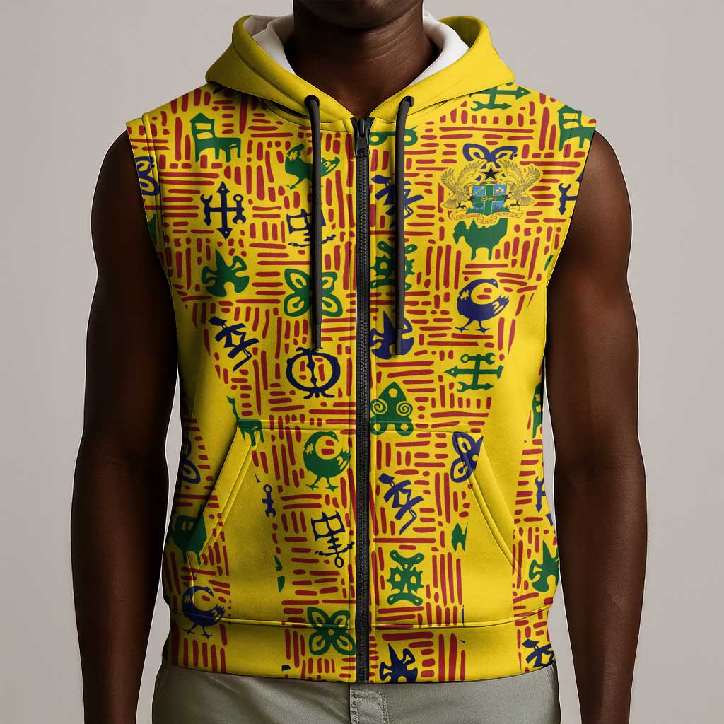 Custom Ghana Football Sleeveless Zip Hoodie Yellow Adinkra Pattern - African Pride