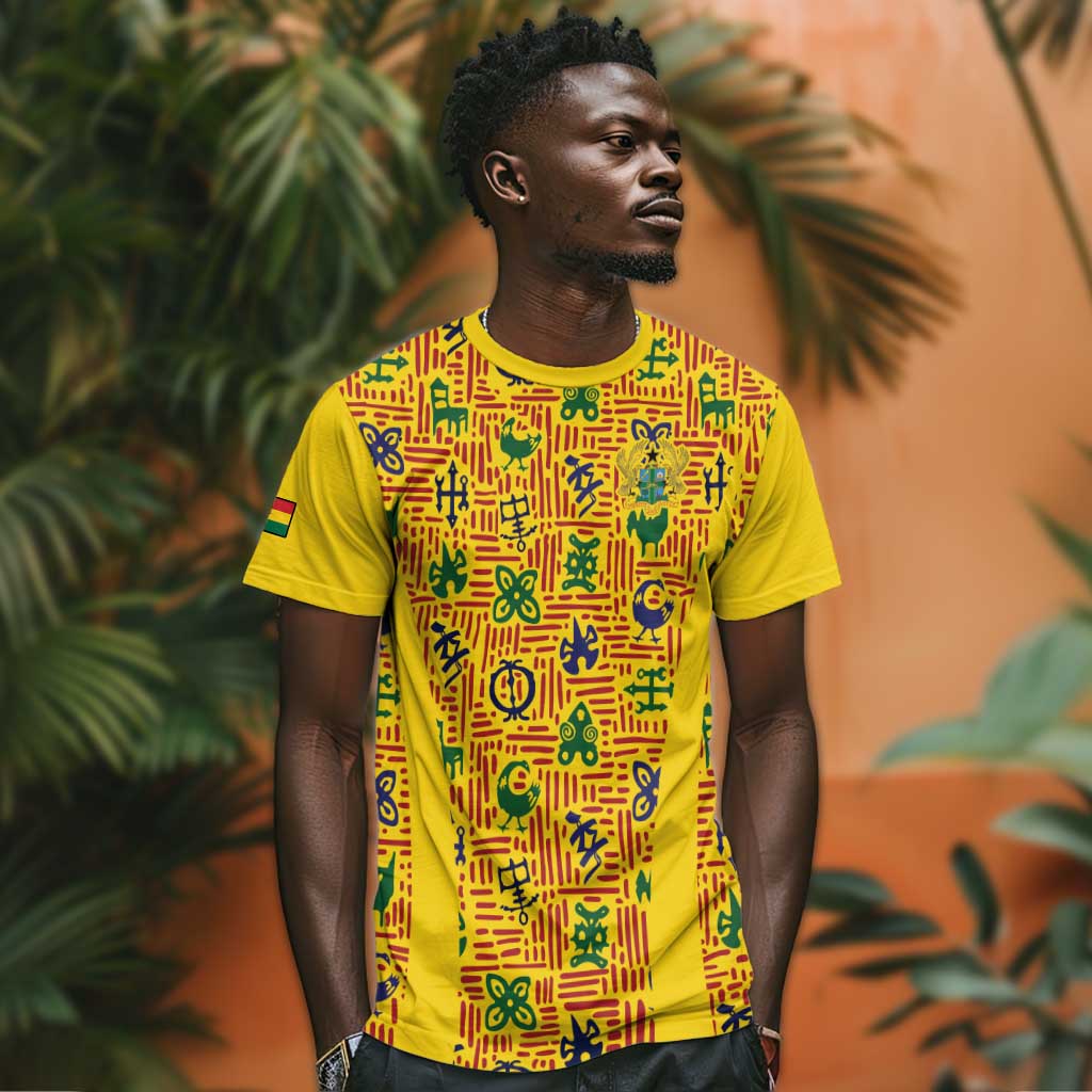 Custom Ghana Football T shirt Yellow Adinkra Pattern - African Pride