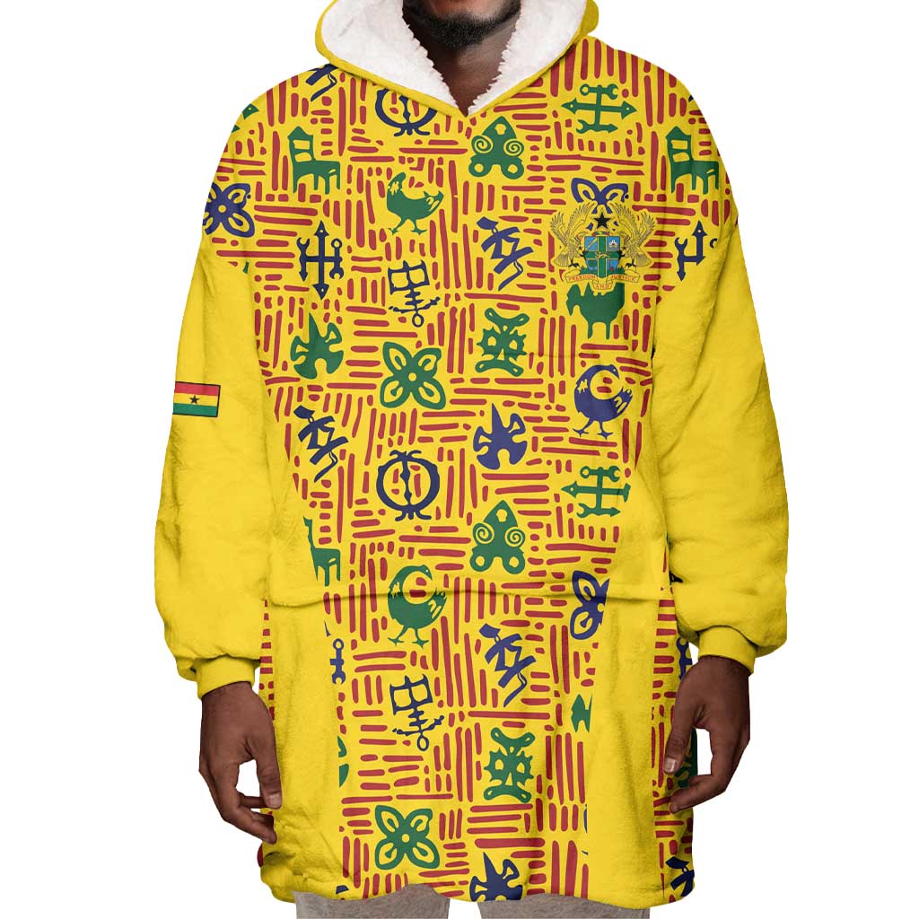 Custom Ghana Football Wearable Blanket Hoodie Yellow Adinkra Pattern - African Pride