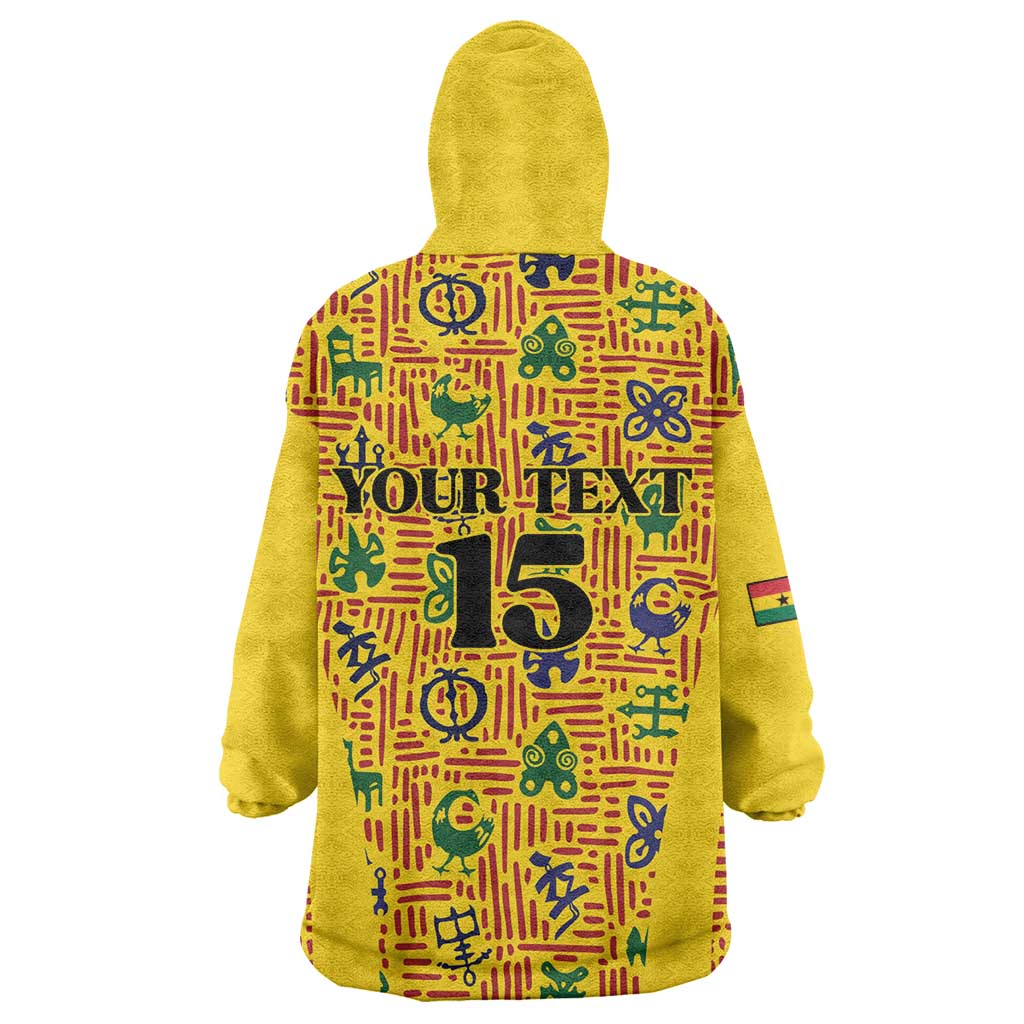 Custom Ghana Football Wearable Blanket Hoodie Yellow Adinkra Pattern - African Pride