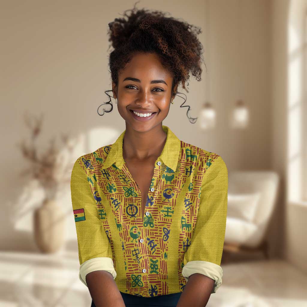 Custom Ghana Football Women Casual Shirt Yellow Adinkra Pattern - African Pride