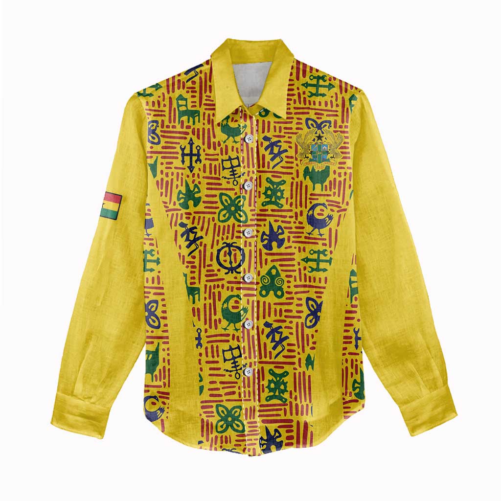 Custom Ghana Football Women Casual Shirt Yellow Adinkra Pattern - African Pride