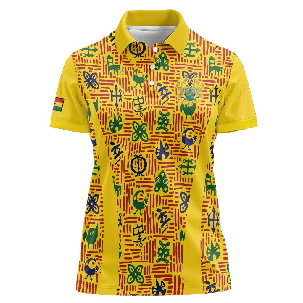 Custom Ghana Football Women Polo Shirt Yellow Adinkra Pattern - African Pride